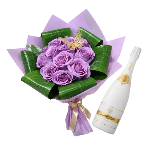 Ramo de 12 rosas lavanda con jasmine white blanc